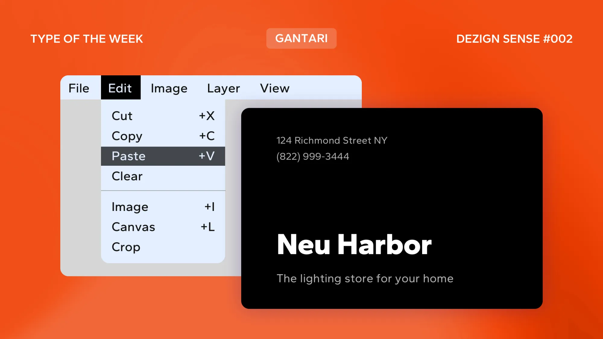 Graphic showing a snippet of a page and a business card, both using Artifex Hand. From top to bottom, the page snippet has page number 03, title Renaissance and text description of renaissance. Business card has two line address, fictional store name "New Harbor" and tagline that says "The lighting store for your home".